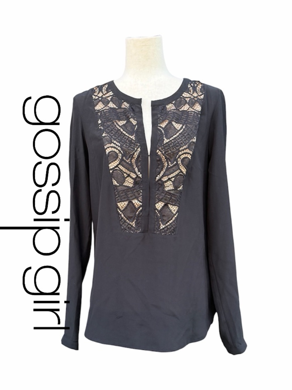 Twelfth Street by Cynthia Vincent 100% silk Black Long Sleeve Blouse lace yolk S
